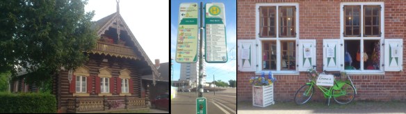 Hollænderkvarteret og busskilt med turistseværdigheder og den russiske koloni i Potsdam