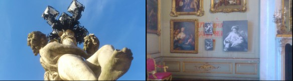 Figur ved Neues Palais i Potsdam og Frederik II udstilling med rødgardisternes graffiti på slotsvæg