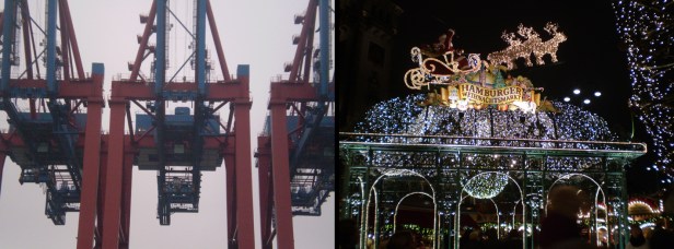 Kraner i containerhavnen. Og indgangen til julemarkedet på Rådhudpladsen