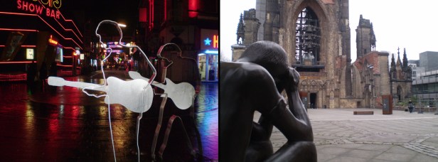 Beatlesplatz på hjørnet af Reeperbahn og Grosse Freiheit. Og St. Nikolai kirke-ruinen